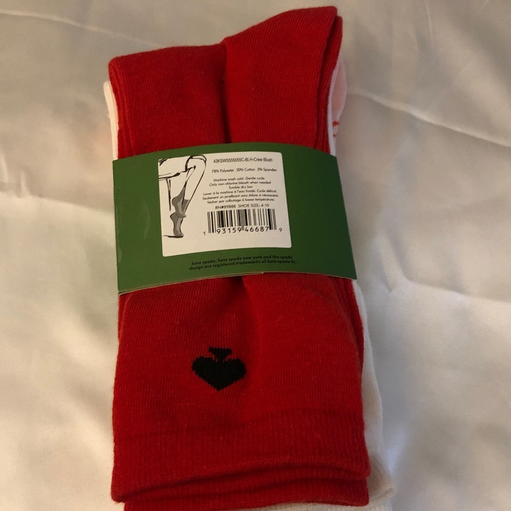 Kate Spade 3 Pair Crew Socks Pink With Doves, Red & White Shoe Size 4-10 NWT - Picture 4 of 11